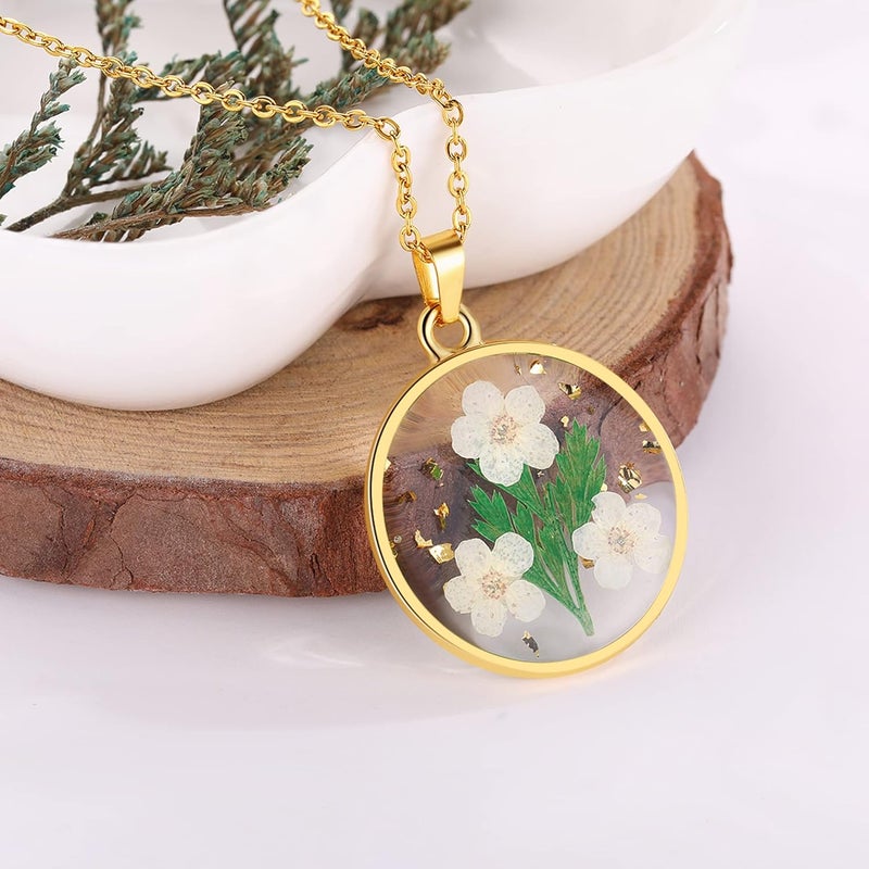 AUNTESIGN Store Forget-Me-Not and Queen Anne's Lace Pressed Wildflower Necklace | Birth Month Real Flower Necklace | Gold/Silver Pressed Flower Jewelry | Personalized Handmade Jewelry - Image 1